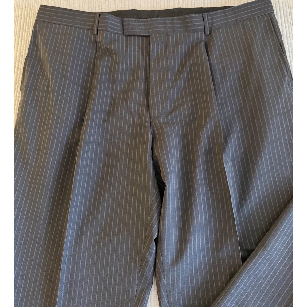 Hugo Boss Mens Size 50L Pinstripe Virgin Wool Pleated Cuffed Dress Pants  Grey